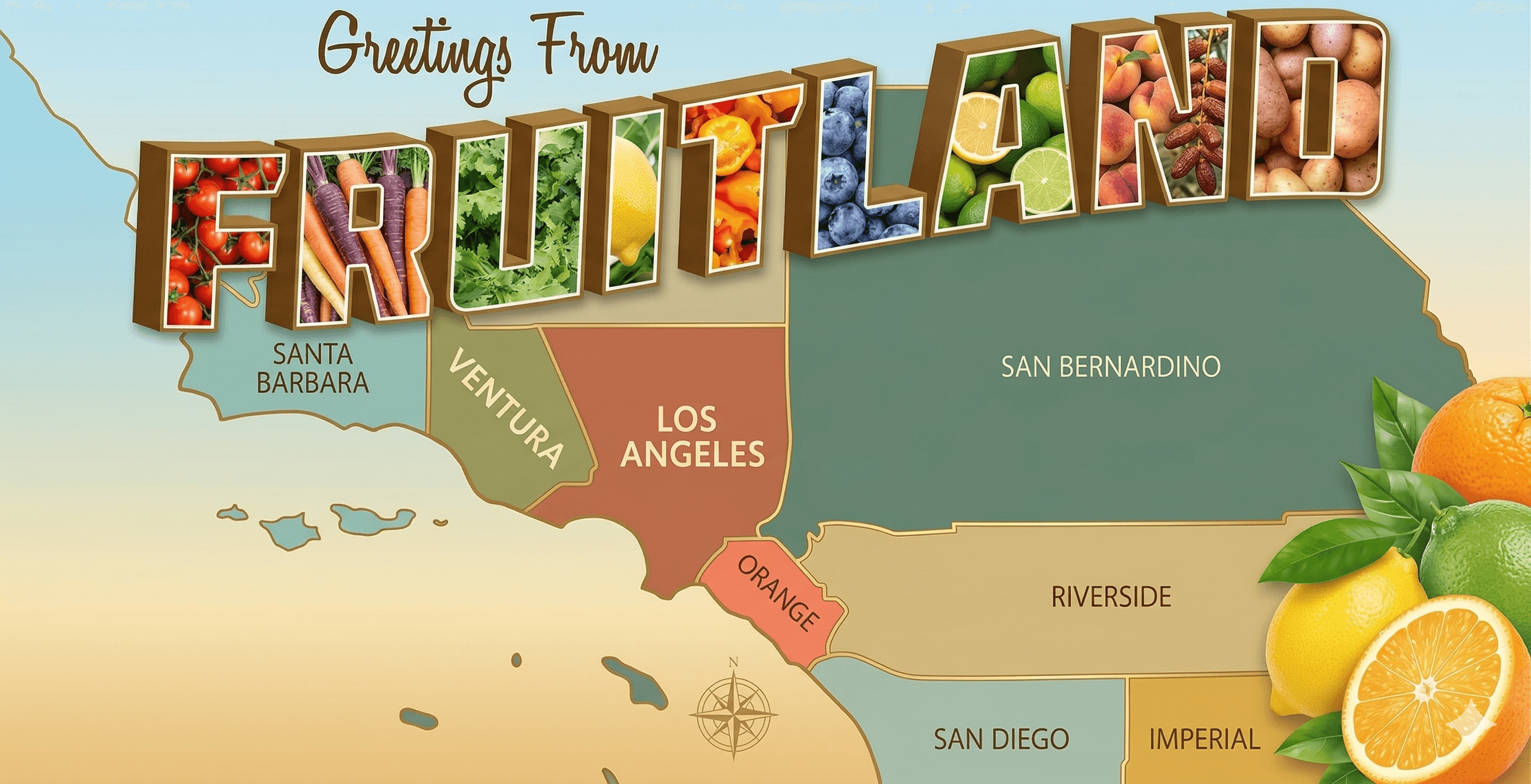 Greetings from Fruitland — illustrated map of Southern California's citrus growing regions