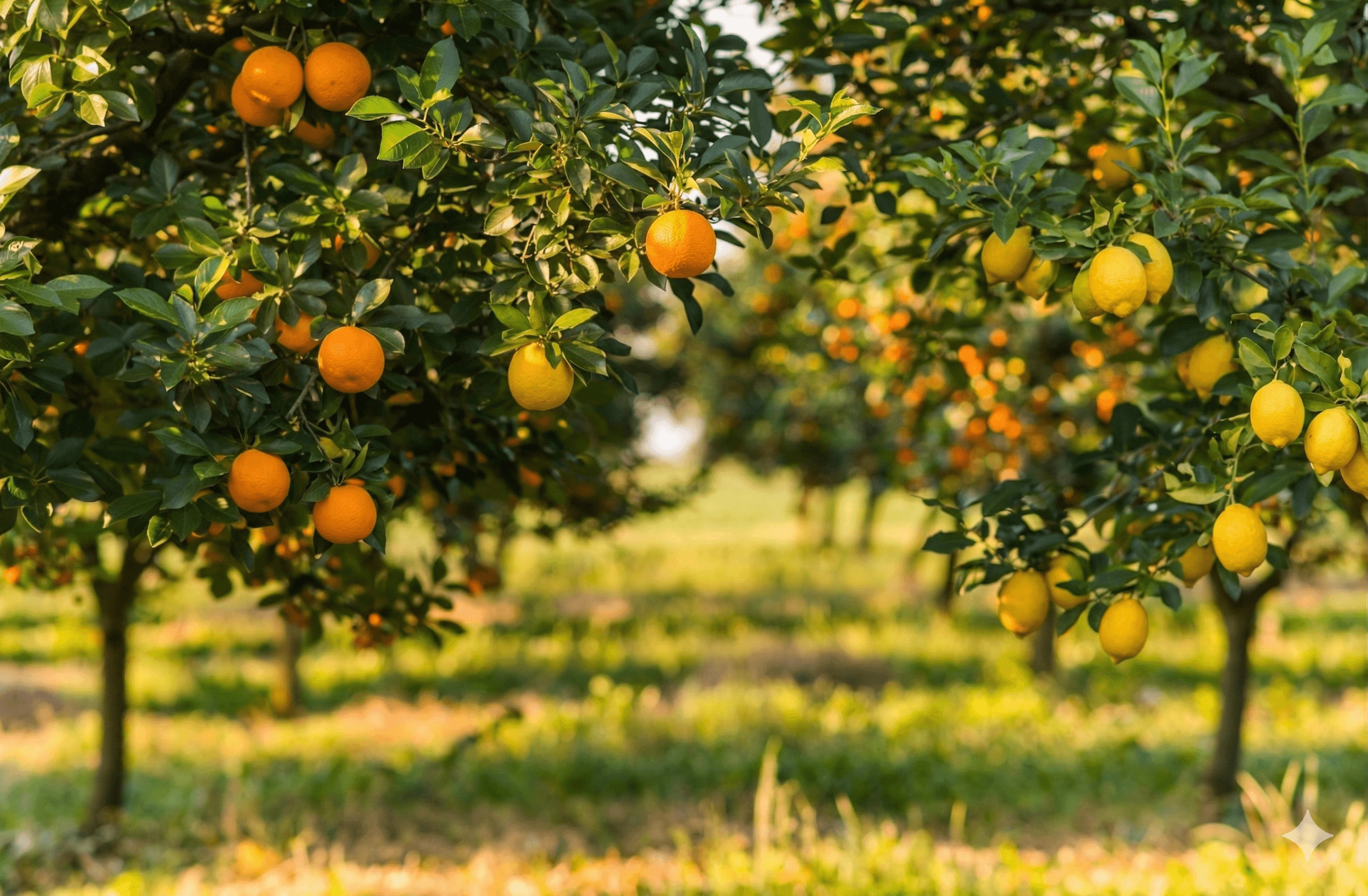 Citrus orchard with oranges and lemons hanging from trees