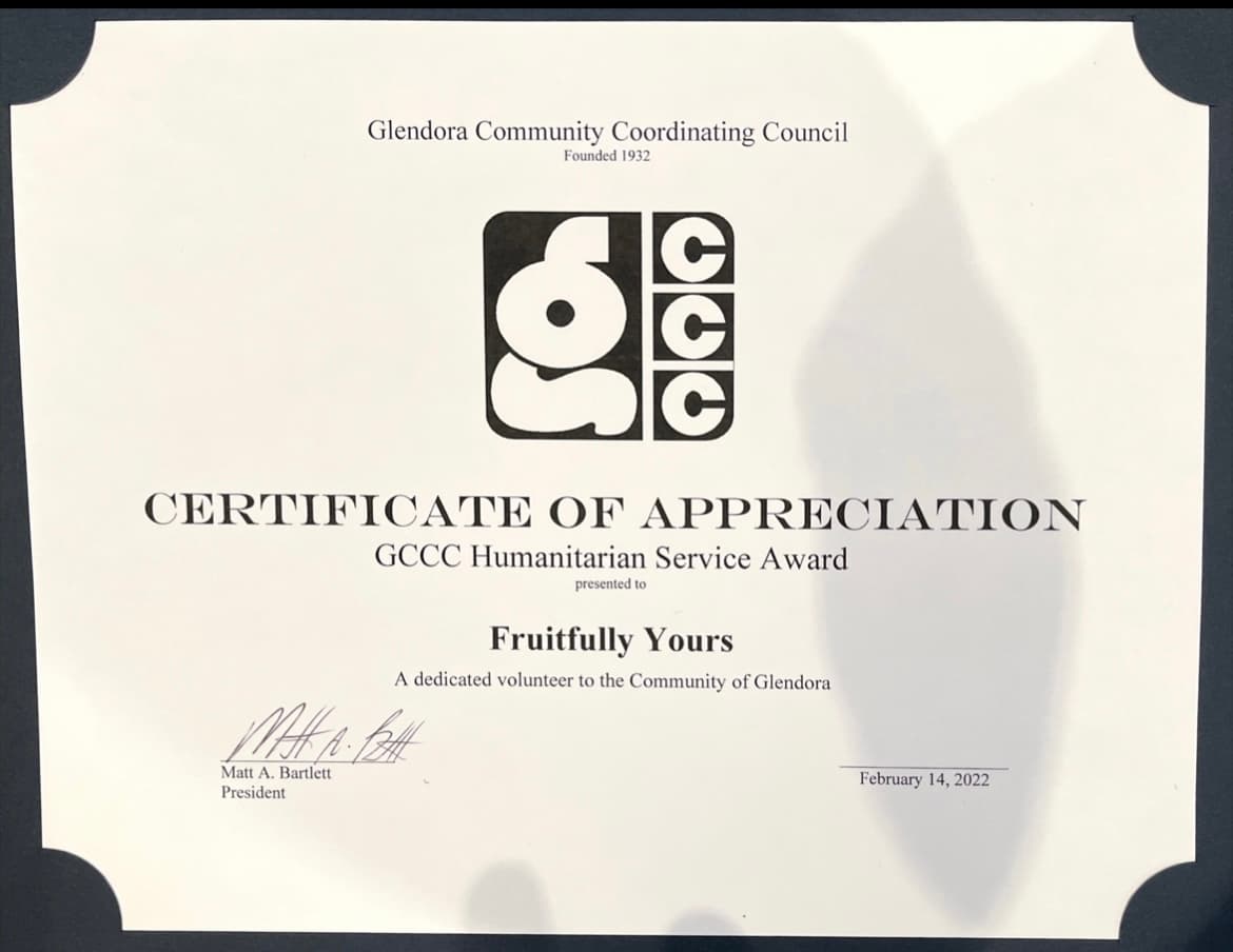 Certificate of Appreciation: Humanitarian Service Award — Glendora Community Coordinating Council