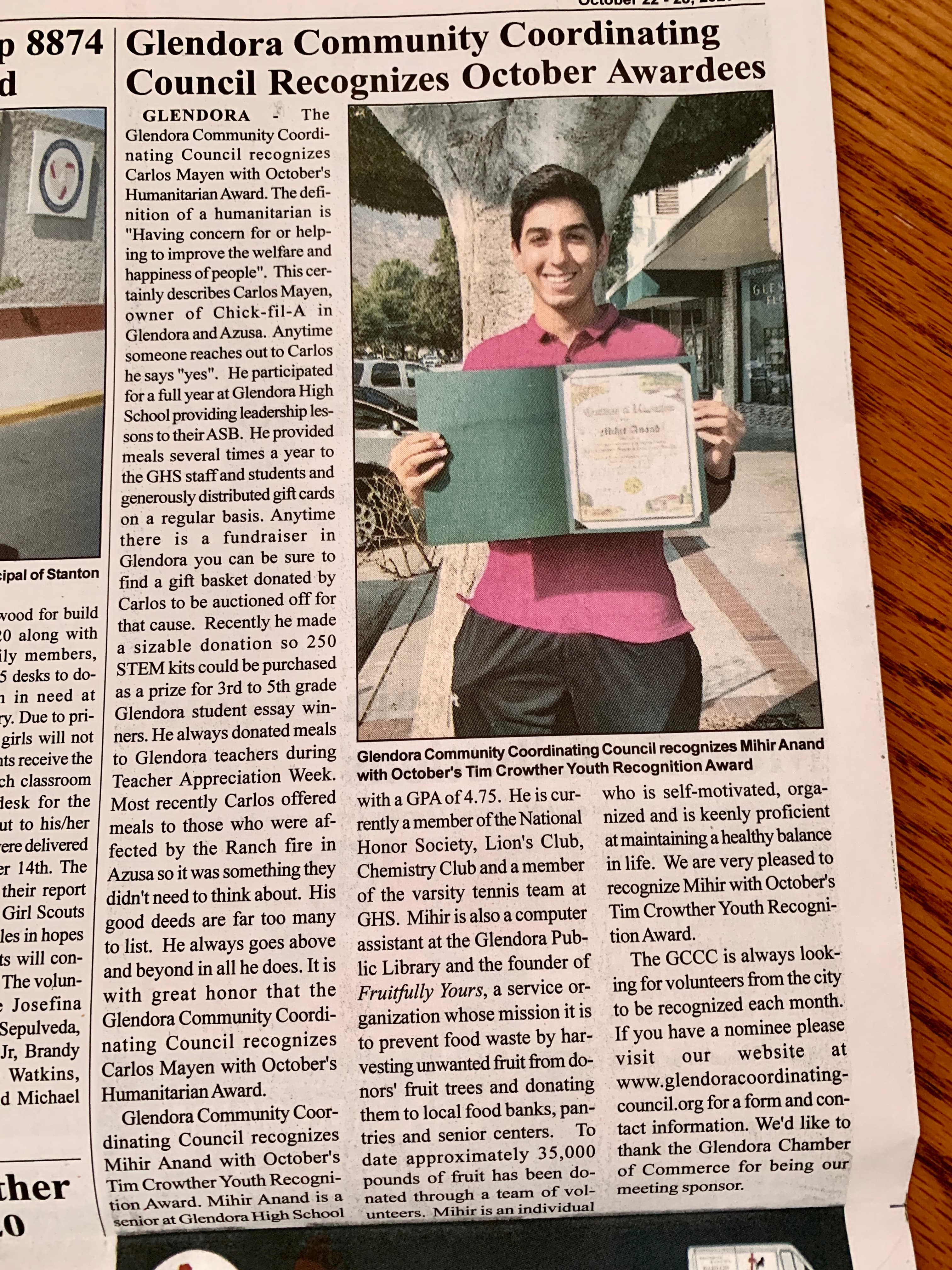 GCCC Recognizes October Awardees: Tim Crowther Youth Recognition Award