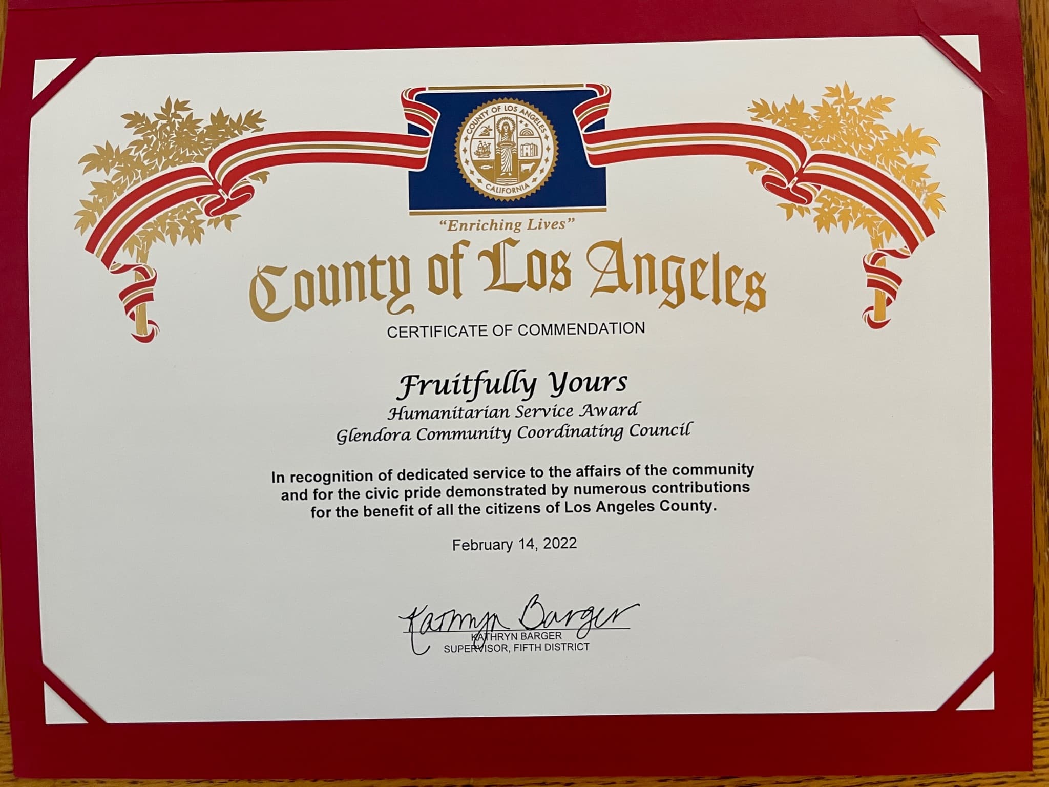 Certificate of Commendation — County of Los Angeles