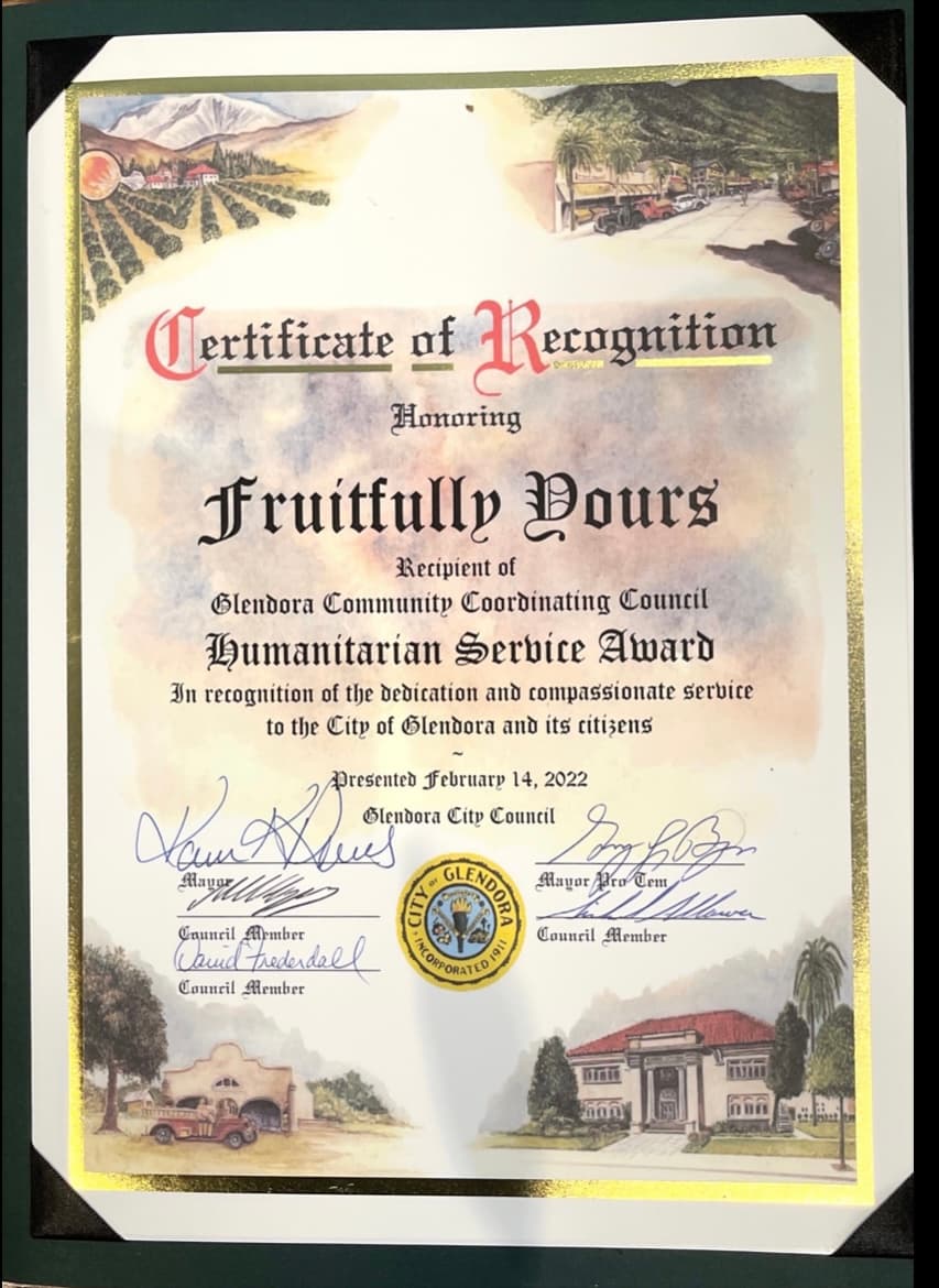 Certificate of Recognition: Humanitarian Service Award — City of Glendora